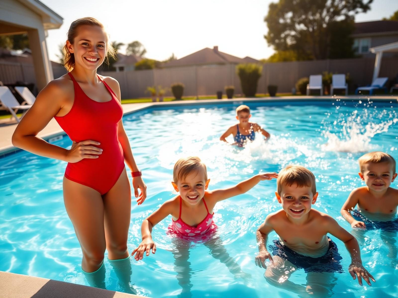 Lifeguard with kids at pool party